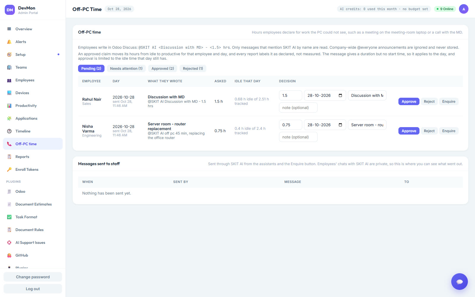 Off-PC time claims awaiting manager approval