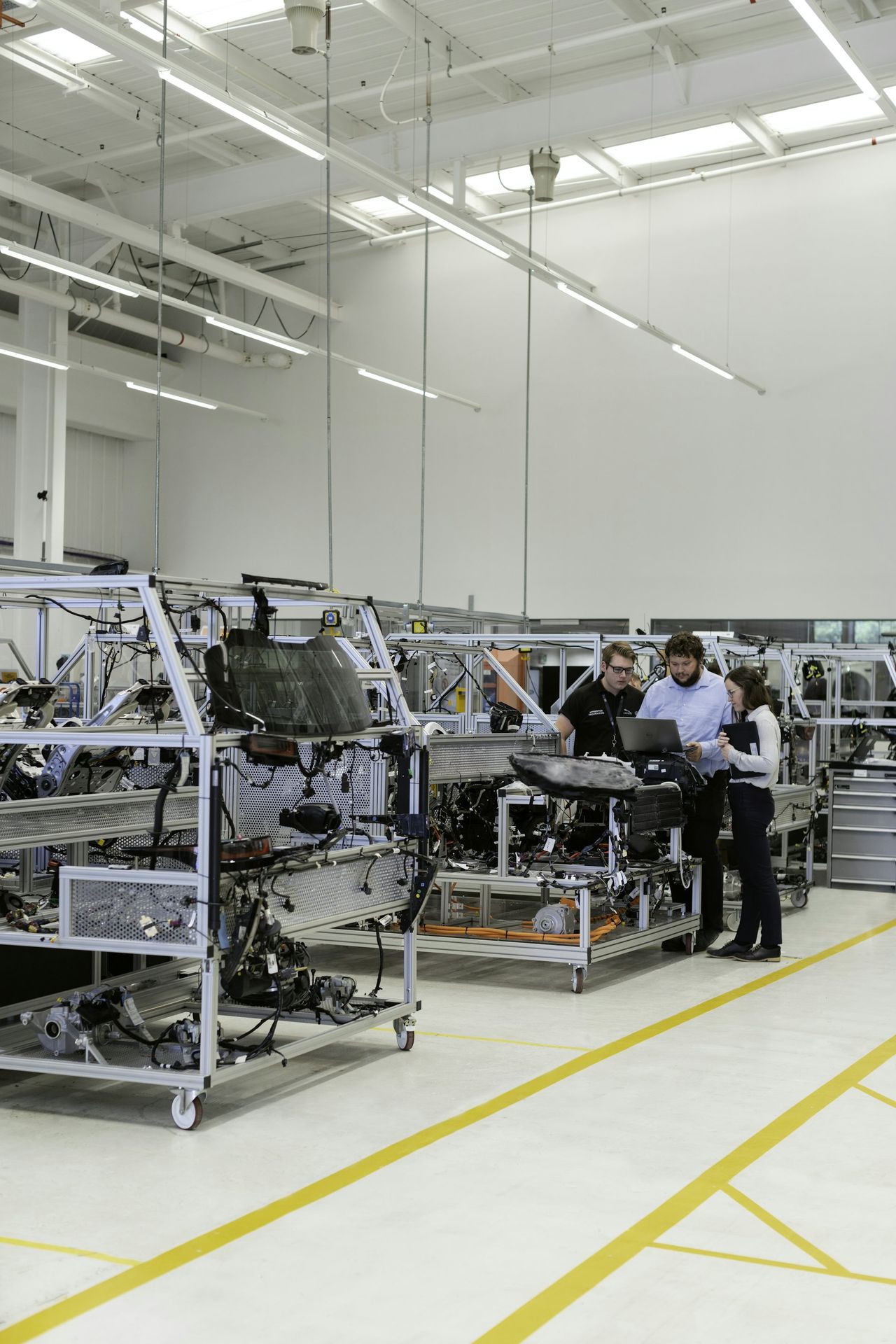 A manufacturing floor with assembly work in progress